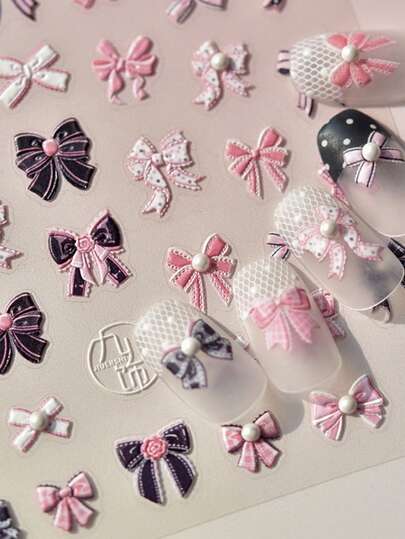 1pc Sweet Pink Black Bowknot Nail Stickers High Quality Pearl Bead Design Adhesive Stickers Nail Art Decoration