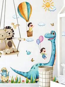 2pcs Cartoon Cute Dinosaur Decorative Wall Stickers, Children's Room Wall Creative Decor Stickers, Sun Hot Air Balloon Children's Room Decor Wall Stickers, Removable Wall Decals For Background - Multicolor - View 4