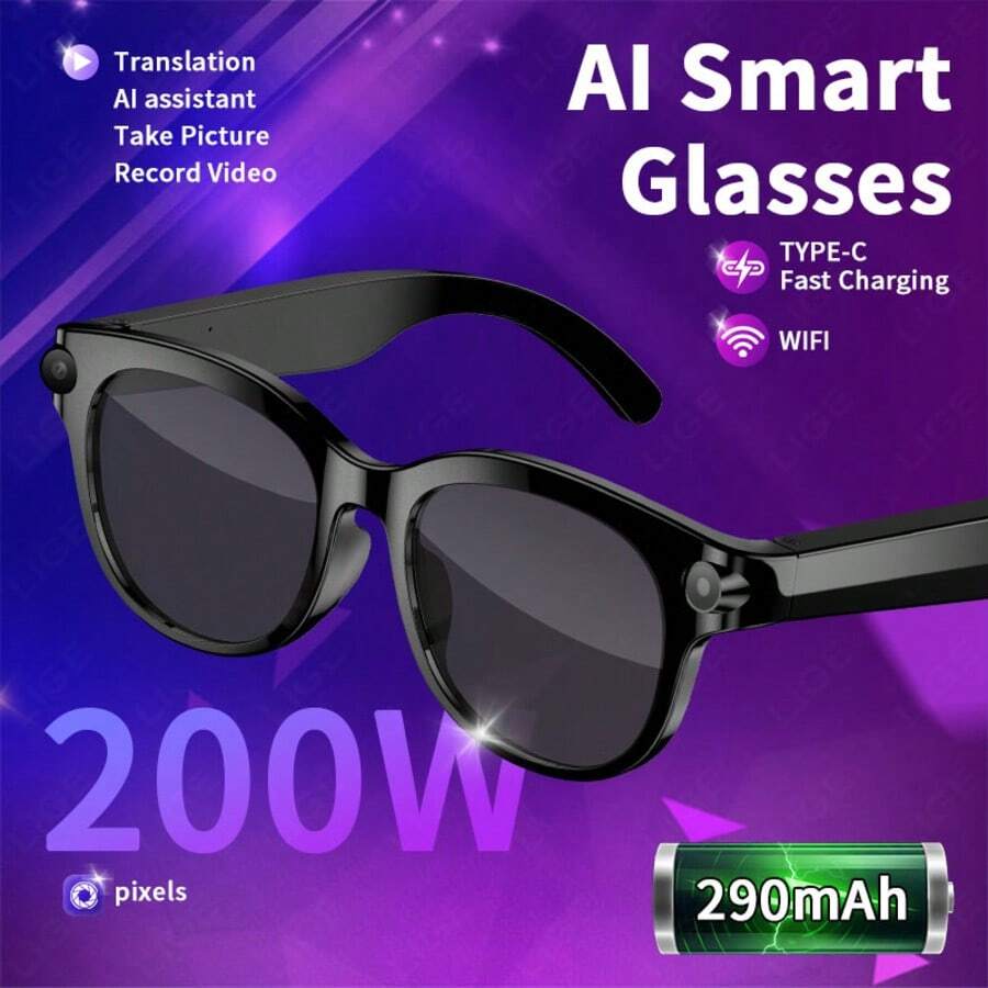 LIGE Smart Glasses 290mAh High-Capacity Battery 200MP HD Camera AI Voice Assistant / Photo Capture / Video Recording / Audio Recording / Music Control / Calls / Notification Alarms / Status Indicator Lights / AI Translation / Smart Object Recognition / Touch Controls / Music Playback (Music Control, Local Music) Multi-Functional Fashion Smart Glasses
