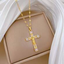 1件奢华闪亮耶稣十字架铜吊坠项链，镶嵌璀璨立方氧化锆不锈钢链，基督教信仰精神象征，日常祈祷祝福饰品，生日、节日、周年纪念日送给挚爱的礼物 - 金色 - 查看 2
