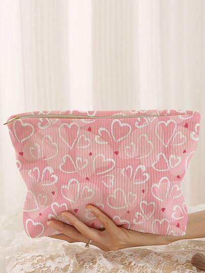 1pc Portable Heart Pattern Double-Sided Printed Zipper Cosmetic Bag, Multi-Functional Travel Toiletry Organizer