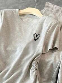 少女卡通爱心印花短袖上衣和裤子套装 - 灰色 - 查看 4