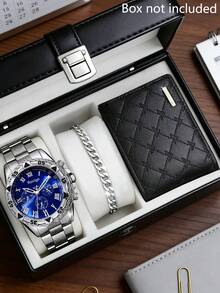 3pcs Luxury Men's Silver Watch Set, Part Of Men's Jewelry Collection, Includes 1 Blue Roman Numeral Quartz Multifunction Watch With Silver Metal Band And 3D Bezel, Paired With Silver Chain Bracelet And Black PU Leather Wallet. Elegant And Fashionable Design Showcasing Charm And Style. - Silver - View 7