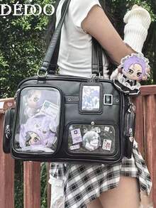 Dedoo 日系新款PU皮革时尚Y2K爱心链条透明徽章包购物休闲简约街头通勤多功能大容量单肩斜挎包，可装杂物，可挂钥匙链，可放明信片（吊坠链/吊环随机发送，不含玩偶/卡片） - 黑色 - 查看 8