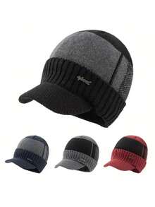 1pc Men's Sport Iron Logo Knit Beanie Hat With Lining - Khaki - View 1