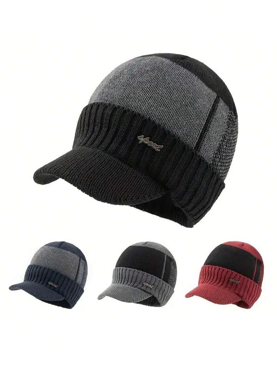 1pc Men's Sport Iron Logo Knit Beanie Hat With Lining - Khaki - View 1