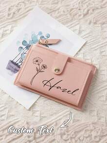 1pc Personalized Short PU Wallet, Customizable Birthday Floral Pattern & Name, Suitable For Students, Minimalist Snap & Zipper Design, Holds Cash, Coins, Cards - Multicolor - View 5