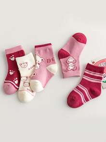 5 Pairs Girls' Cartoon Cute Mid-Calf Socks, Pink Bear Pattern Mid-Calf Socks For Girls, Suitable For School Season - Multicolor - View 12