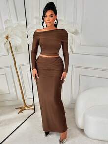 AIJ Amarilo Women's Off Shoulder Ruffle Trim Crop Top & High Waist Mermaid Maxi Skirt Two Pieces Set – Elegant Wedding Guest Attire, Perfect For Valentine's Day Date Nights, Dinner Parties, Casual Outings & Vacations Spring - Brown - View 5