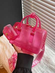 两件套果冻透明沙滩可调节单肩包，适合旅行、上学、上班、白领、斜挎包 - 玫紅色 - 查看 2