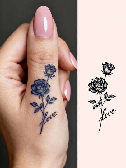 1 Pack Juice Tattoo Stickers, Natural Plant Ingredients Semi Permanent Tattoo, Minimalist Love Slogan & Rose Pattern, Waterproof Non-Fading Non-Reflective Realistic Fake Tattoos For Finger Ear Shoulder Neck Collarbone, Daily Party Holiday Gift Body Decoration