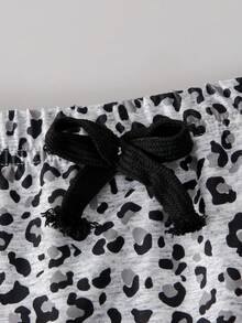 13-16岁少女豹纹爱心印花两件套，无袖豹纹爱心图案上衣和豹纹迷你裙套装 - 灰色 - 查看 7