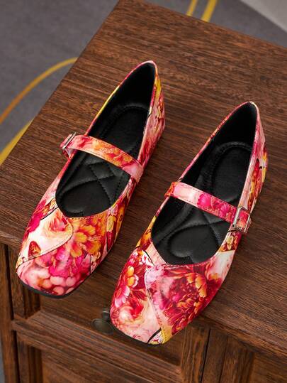 Women's Fashion Square Toe Shallow Red Peony Print Shoes, Suitable For Spring, Summer, Autumn And Winter, Weddings, Parties, Elegant Flat Mary Jane Ballet Shoes