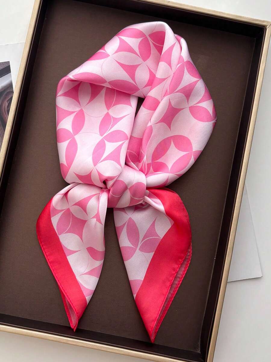1pc Square Scarf, Women's Satin Printed Headband, Headwrap, Fashion Ladies Hair Scarf, Shawl, Scarf, Women's Neckerchief, Headscarf - Geometric Circles In Pink - View 1