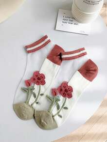 1/5 双 3D 立体花卉玻璃袜 法式浪漫风格 - 透气不闷热 春夏女士透明水晶蕾丝边饰薄款低帮踝袜 - 無色 - 查看 5