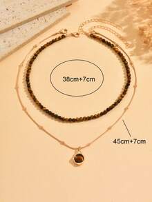 2pcs/Set Malachite & Tiger Eye Beaded Layered Necklace, Lightweight Vintage Metal Chain Choker Jewelry For Women, Suitable For Daily Wear And Party - Multicolor - View 4