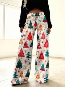 Women'S High-Waisted Stretch Faux Faux Jeans Christmas Tree & Snowflake Print Bell-Bottom Trousers - Vintage Washed Wide-Leg Winter Pants With Button Closure, All-Season Casual To Semi-Formal Outfits (Red/GreenPink) - Comfortable Loose Fit For Holid - Multicolor - View 2
