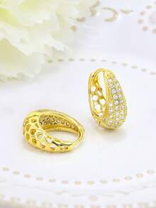 925纯银耳环，低过敏性立方氧化锆圈形耳环，经典时尚日常佩戴，生日礼物 - 金黃色 - 查看 5