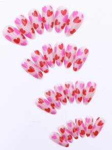 24pcs Valentine's Day Pink Heart - Red French Almond Shaped Glossy Burgundy False Nail Set, Medium Length, Suitable For Valentine's Day And Special Occasions Nails Nail Supplies - Red - View 2