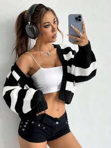 Comfortable Short Cardigan, Perfect For Mild Spring And Autumn Seasons, Fits Well For Daily Leisure, Casual Meetups And Quick Trips, Delivers Cozy Wearing Feeling, Easy To Match With Different Pants Or Skirts For A Tidy Everyday Style. - màu đen - Xem 3