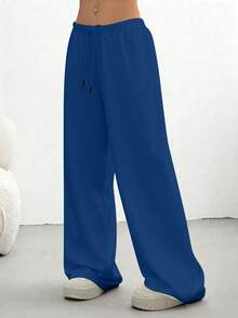 Women's Casual Solid Color Drawstring Waist Sports Pants - Blue - View 3