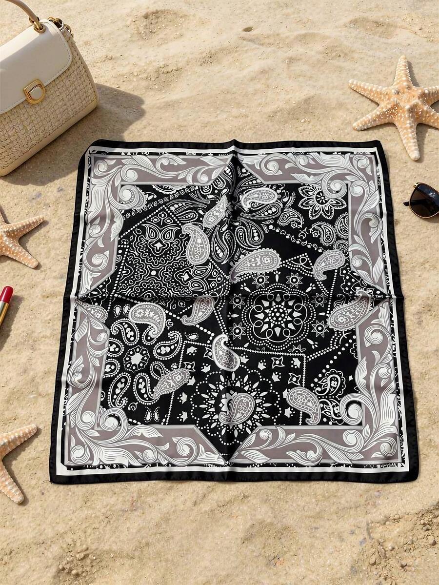 1条优雅佩斯利花卉印花27.5英寸方巾，多功能丝质头巾，时尚发带，领带，女士装饰品 - 黑色 - 查看 1