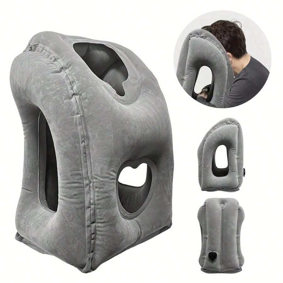 1pc Inflatable Travel Pillow With Patented Valve Design - Neck & Head Support Travel Accessory For Long Haul Flights Cars Buses Trains Office Napping | 24-Hour Shipping - Black - View 1