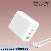 白色美规A/B型插头 110-127V 三口墙式充电器（2个USB-C接口 + 1个USB-A接口）+ Type-C 转 Type-C 数据线套装（白色）兼容苹果 15/16 系列 本地仓库 情人节礼物 - 查看 2