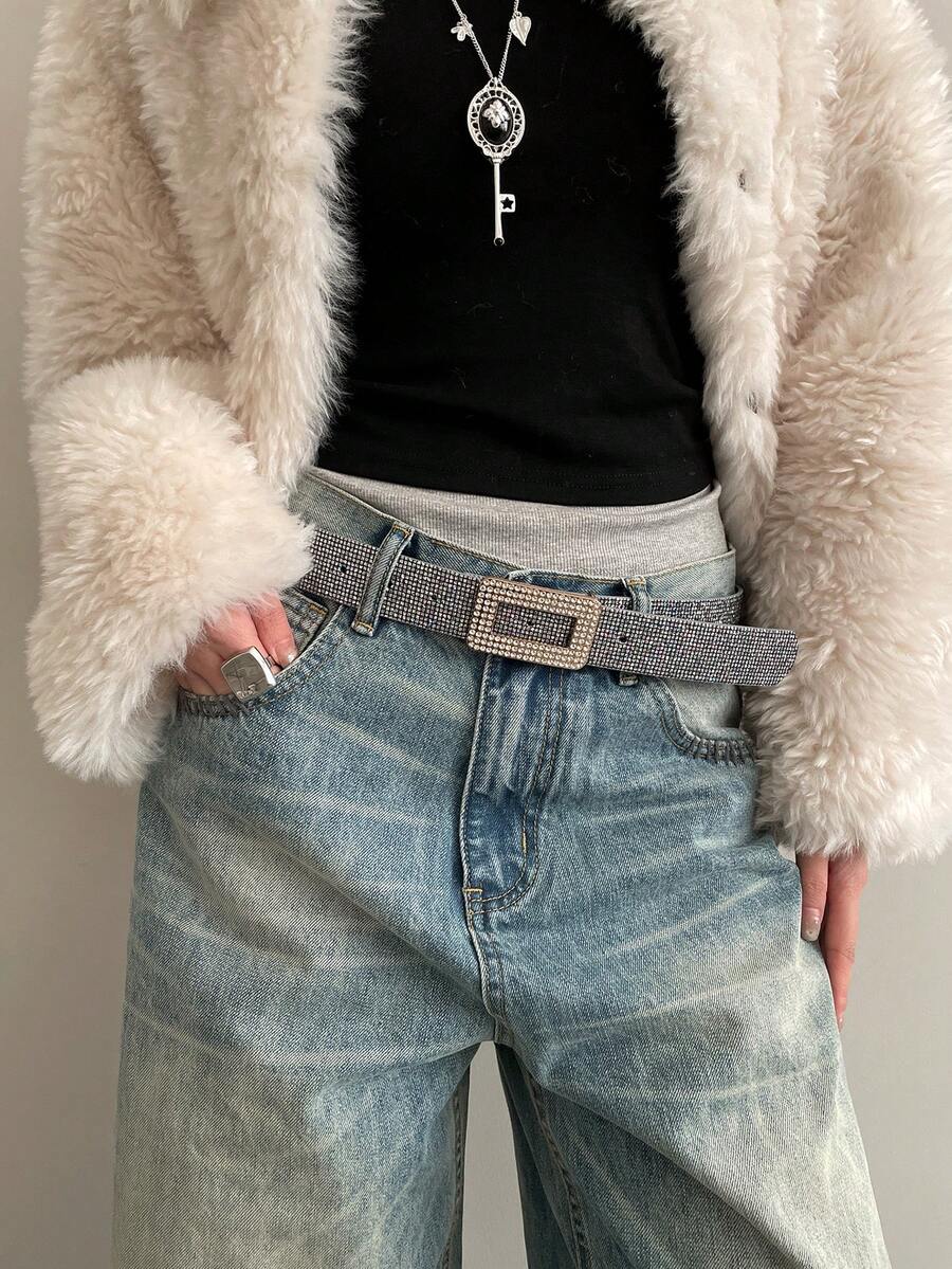 1pc Women's Black & White Shiny Sequin PU Leather Belt - Black and White - View 1