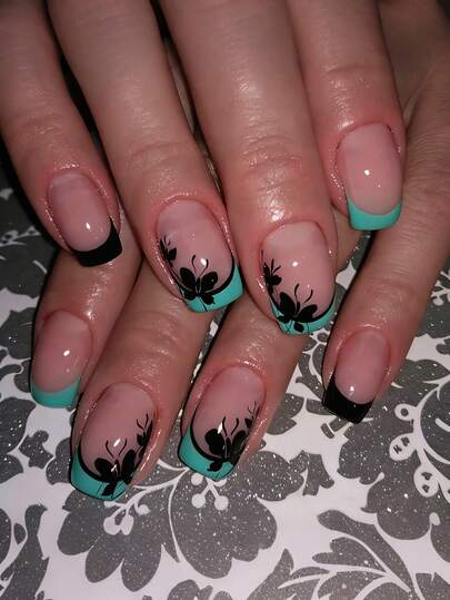 24pcs Short Square Spring Press On Nails, Black Butterfly Green French Tips Nail Nude Short Nails Full Cover Glossy False Nails Set, Include: 1pc Jelly Glue And 1pc Nail File, Easy To Wear Daily Fake Nails Manicure Nails Press On Art For Women And Girls Daily Life