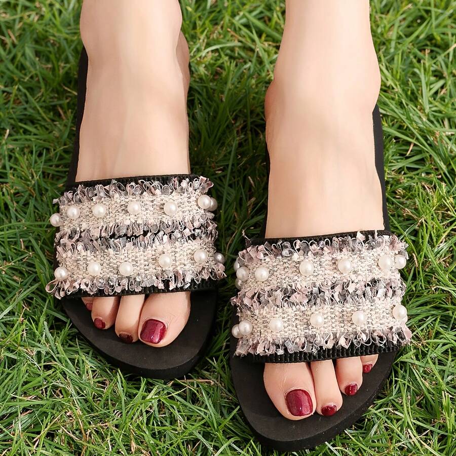 女士时尚平底凉鞋，混色串珠套脚拖鞋，复古女式凉鞋，休闲夏季沙滩度假鞋 - 彩色 - 查看 1