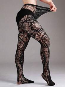 1pc Retro Tattoo Sexy Black Hollow Pattern Jacquard Stirrup Tights, Fishnet Pantyhose For Women - Multicolor - View 4