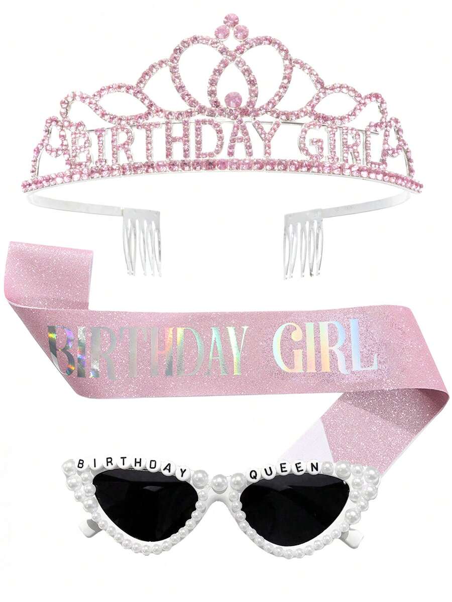 6/3/1 套装 - 女孩生日绶带、女孩生日皇冠、女孩生日丝带、女孩生日头带、女孩生日发箍、女孩生日眼镜、生日女王时尚眼镜、生日派对礼品、闪亮时尚、生日派对套装 - 彩色 - 查看 1