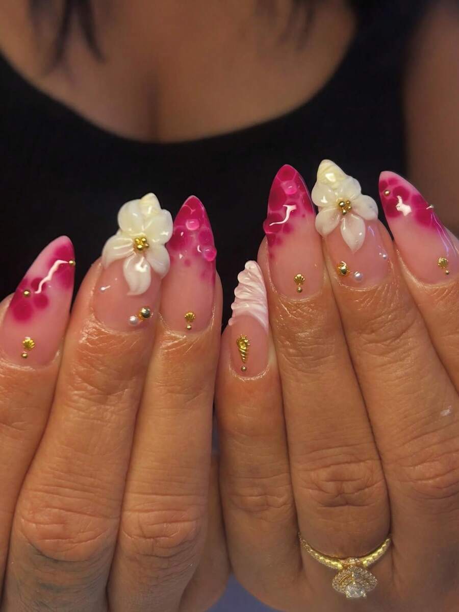 10pcs/Set Handmade Delicate French Floral Nail Art Stickers, 3D Floral Nail Decals Set, Shell & Seashell Nail Art Stickers, Artificial Nails For Women & Girls Daily Wear - 玫紅色 - 查看 1