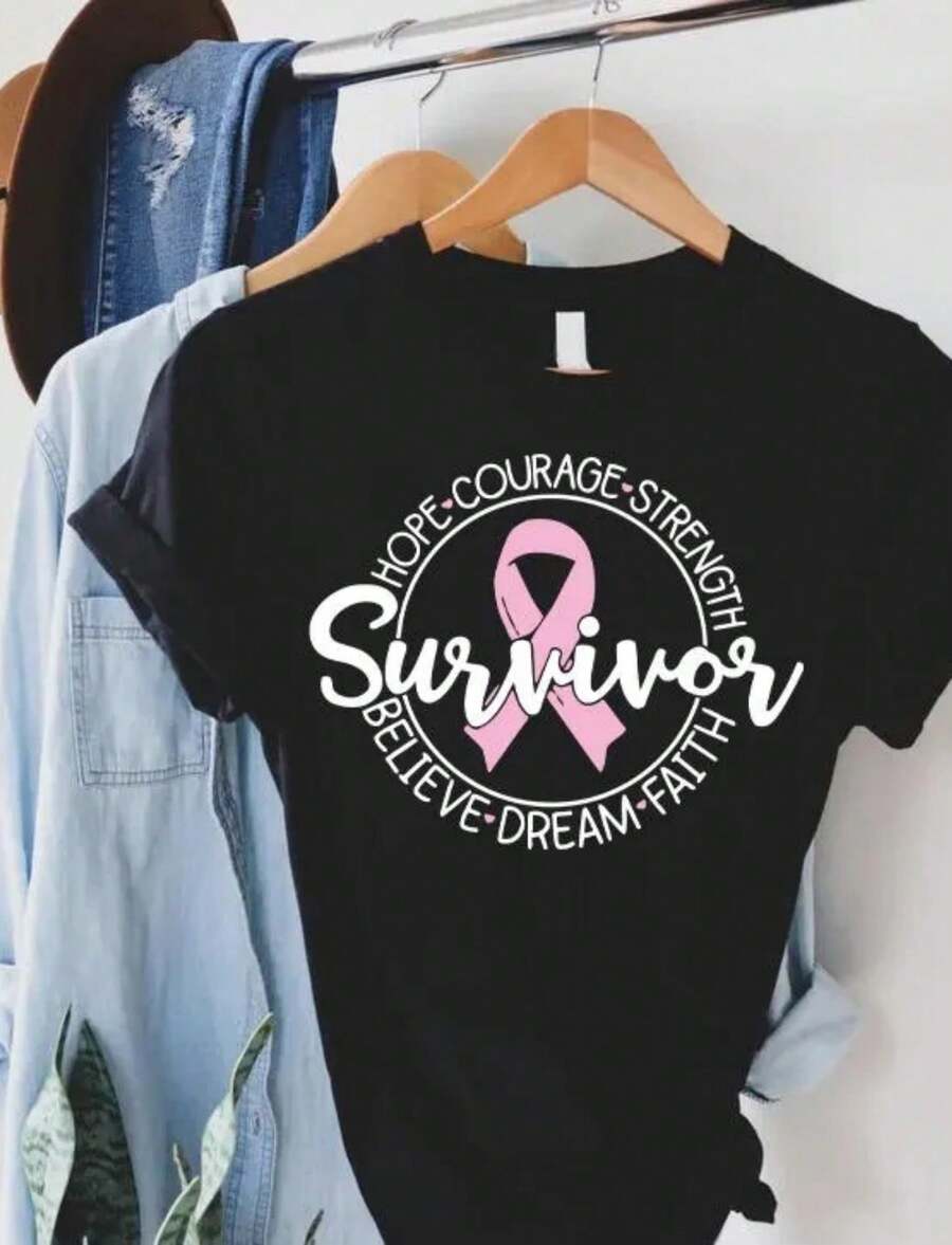 Pink Breast Cancer Shirt Women, Hope Courage Strength Believe Dream Faith Survivor Tee, Pink Ribbon Awareness Tee, Breast Cancer Survivor Gift - Negro - Ver 1