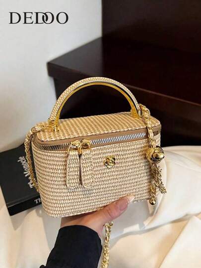 1pc New Minimalist Casual Versatile Woven Straw Lunch Box Bag, Chain Strap Shoulder Crossbody Bag, Holiday Best Seller Small Shoulder Crossbody Bag