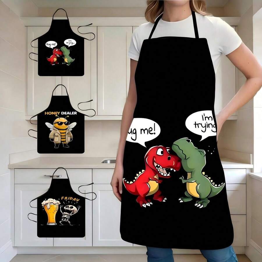 1PC Cartoon Dinosaur Apron Red Green Dinosaur Hugging Design Funny Animal Print Kitchen Apron Cute Cartoon Character Cooking Apron Family Baking Apron Creative Animal Pattern Kitchen Clothing - A - View 1
