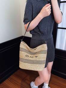 2026 New Summer Large Capacity Underarm Bag For Women, Fashion Vacation Straw Bag, Versatile Commuter One Shoulder Beach Crossbody Bucket Bag - Khaki - View 8