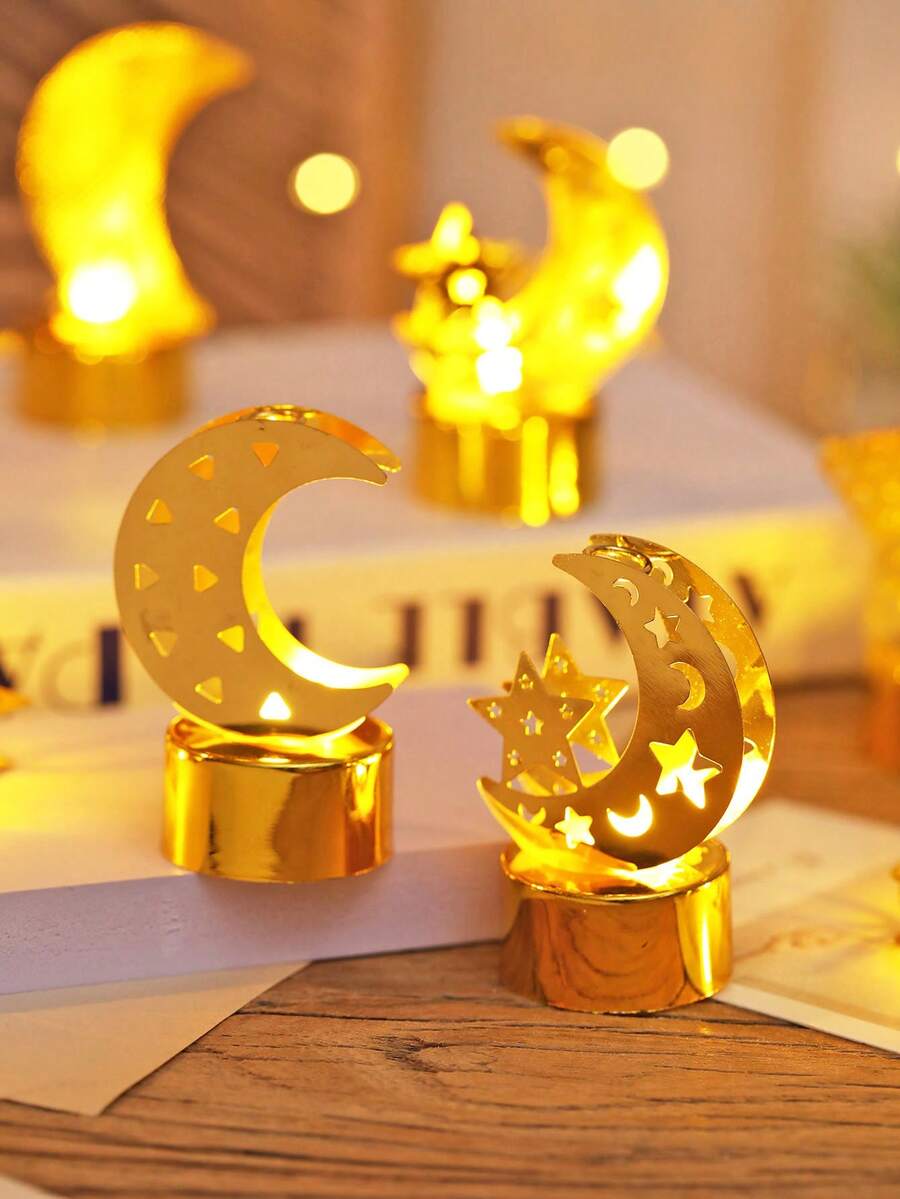 1/2/3pcs Creative Realistic LED Iron Art Moon & Star Electronic Candles, Battery Powered Flameless Candle Lights For Indoor Home Decor, Suitable For Wedding, Party, Holiday, Tabletop, Bedroom Decoration, Ramadan Decoration