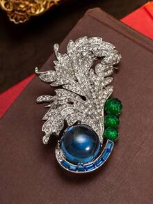 1pc Vintage Luxury Rhinestone & Feather Design Brooch, Exquisite High-End Sparkling Accessory, Ideal Gift For Valentine's Day And Mother's Day, Elegant Accent For Black Velvet Gown At Formal Soiree, Refined Highlight For Satin Jacket At Retro Art Salon, Suitable For Daily, Party, And Banquet Occasions - Multicolor - View 3