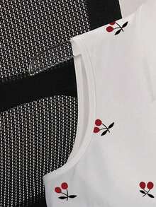 New Spring/Summer Slimming Versatile Sleeveless Fitted Collared Cherry Print Shirt For Women White - White - View 5