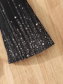 Girls Elegant Color Block Shirt Collar Top And Fashionable Retro Sequin Flare Pants Set, Suitable For Spring And Autumn - Black - View 11