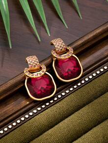 1 Pair Elegant Geometric Cubic Purple Rhinestone Earrings, Fashionable & Minimalist Design Suitable For Women's Daily Wear Or Gift - Purple - View 3