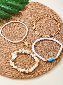4pcs Cute Animal, Shell, Starfish, Blue Fish Layered Anklet Set, Women Anklet Suitable For Beach, Vacation