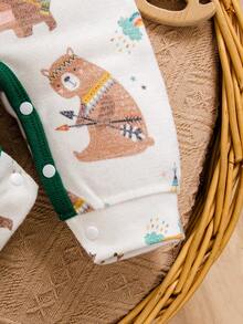 秋冬季男婴可爱卡通印花长袖连体衣，配同款帽子 - 白色 - 查看 6