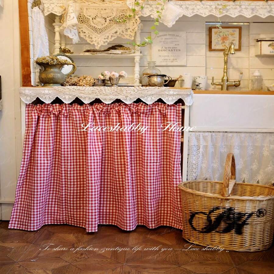 2pcs/1pc Farmhouse Red & White Plaid Kitchen Short Curtain, Cute Small Curtain, Partition Door Curtain