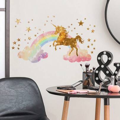 充满奇思妙想的独角兽彩虹墙贴，饰以星星和云朵——自粘式经典塑料贴纸，适用于活泼的卧室和家居装饰，独角兽主题卧室装饰