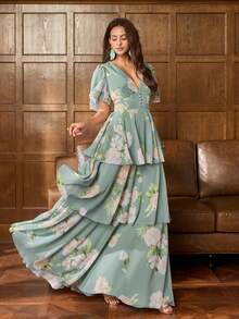 Faeriesty Đầm maxi nữ thanh lịch cổ chữ V sâu tay bồng: Đầm in hoa lãng mạn với tay chuông xếp ly, thiết kế cài nút ở eo, dáng chữ A xếp tầng và lưng hở - Hoàn hảo cho chụp ảnh cưới, dự tiệc cưới ngoài trời, kỷ niệm ngày cưới, kỳ nghỉ lãng mạn, tiệc tùng trang trọng trong nhà mùa xuân - màu xanh lá - Xem 7