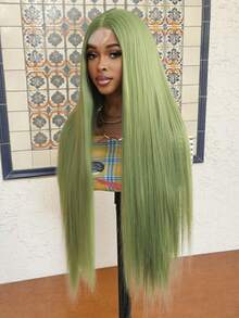 合成耐热4x2 U型蕾丝假发，无刘海，32英寸，超长直发，自然柔软，橄榄绿逼真假发，易于佩戴，合成纤维材质，耐热，自然逼真，适合女孩聚会、角色扮演和日常佩戴 - 橄欖綠 - 查看 4