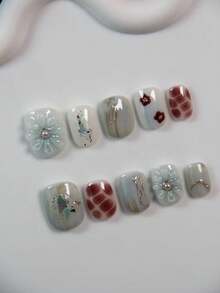 10 miếng dán móng tay hình oval thủ công, decal hoa 3D bằng acrylic đính đá, trang sức móng tay tái sử dụng dành cho nữ, bé gái, dùng hàng ngày, dự tiệc, đám cưới, ngày lễ, bao gồm dũa móng và gel móng tay. - Màu xanh nhạt - Xem 4